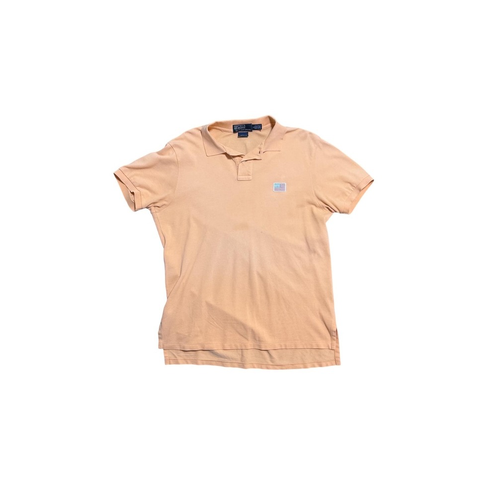 Polo By Ralph‎ Lauren Polo Shirt Mens Large Orange Pique Custom Fit Flag Patch